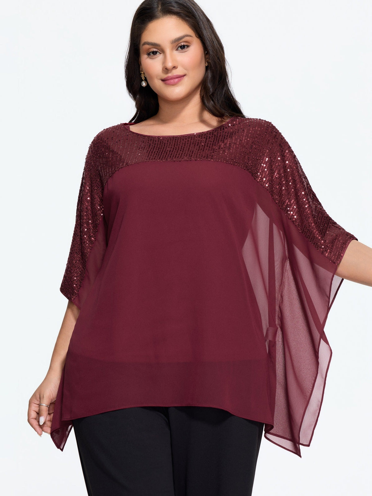Sequin Round Neck Sheer Cape Blouse