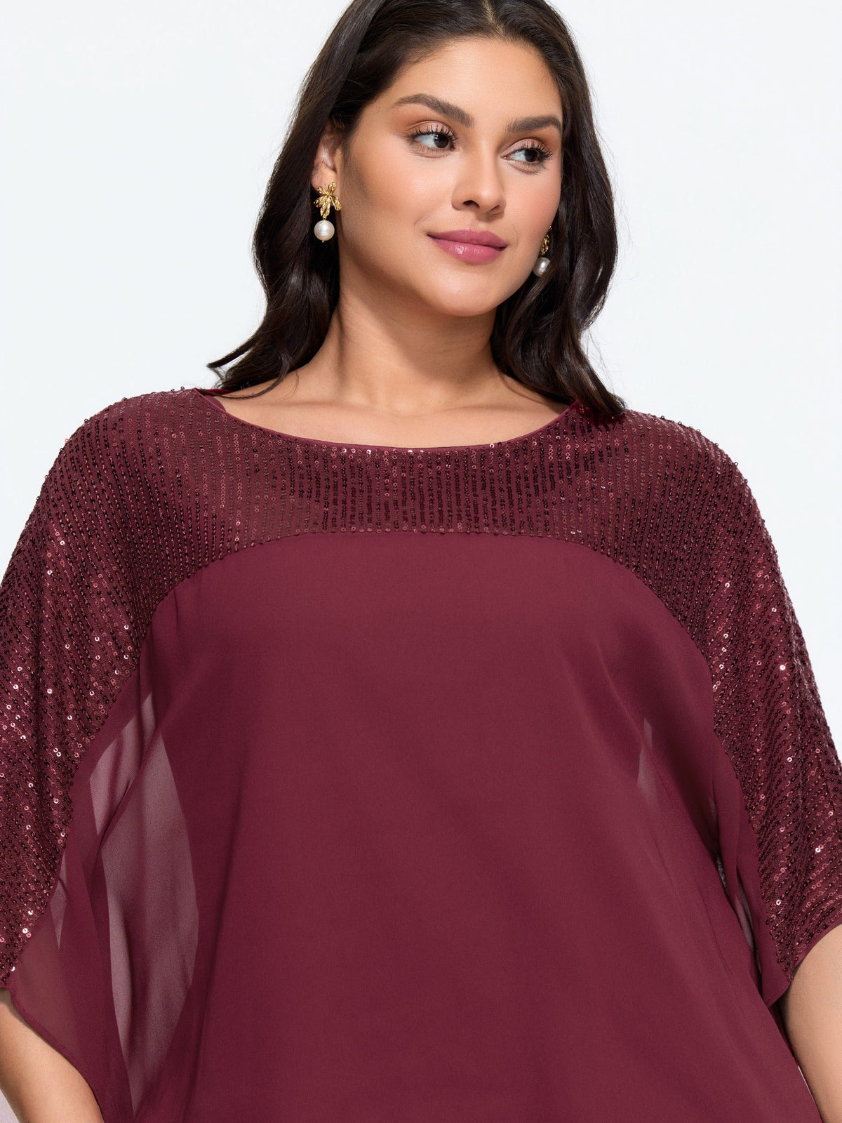 Sequin Round Neck Sheer Cape Blouse