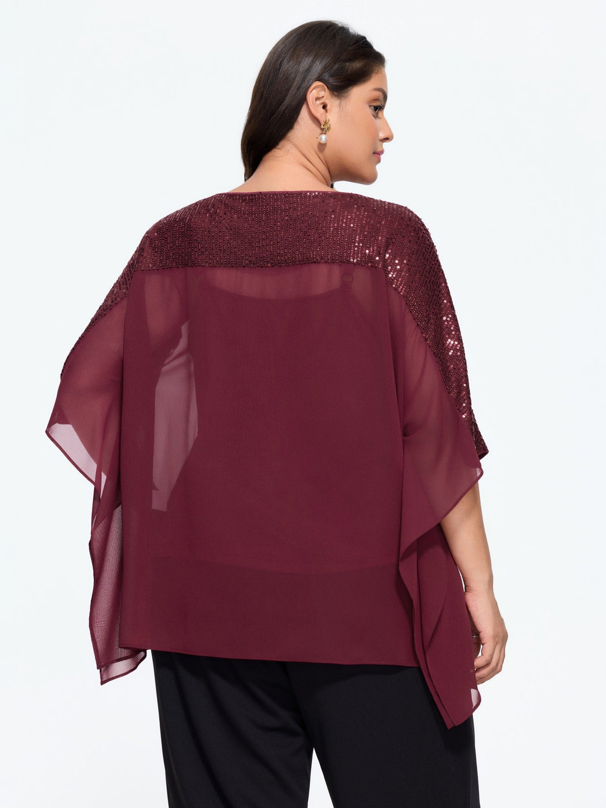 Sequin Round Neck Sheer Cape Blouse