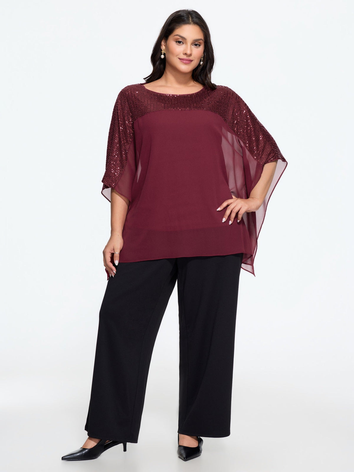 Sequin Round Neck Sheer Cape Blouse