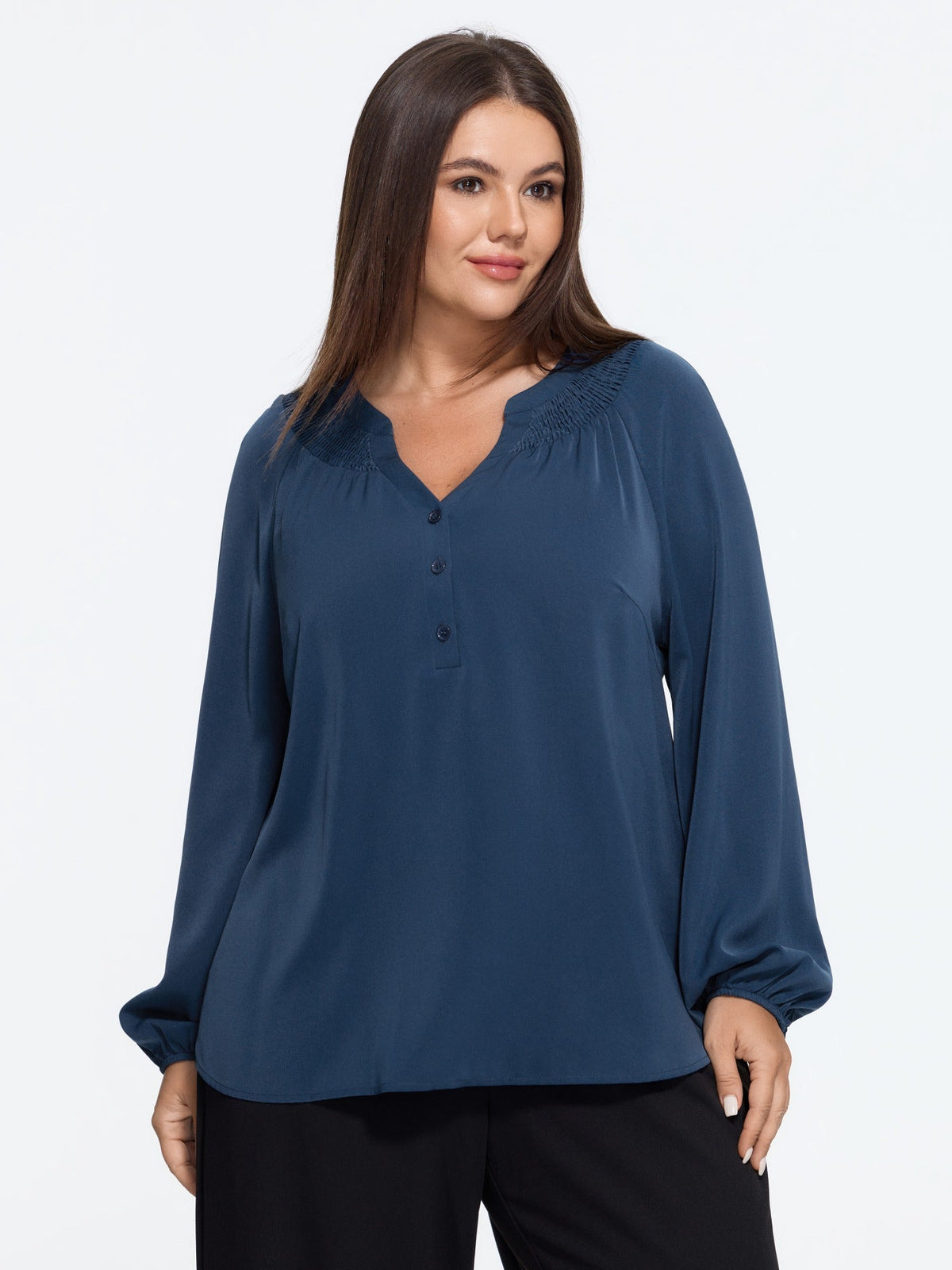 Shirred Neck Button Detail Blouse