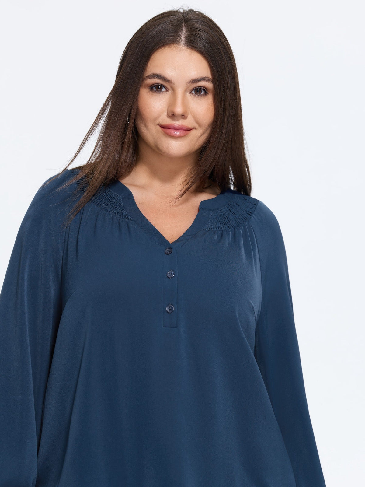 Shirred Neck Button Detail Blouse