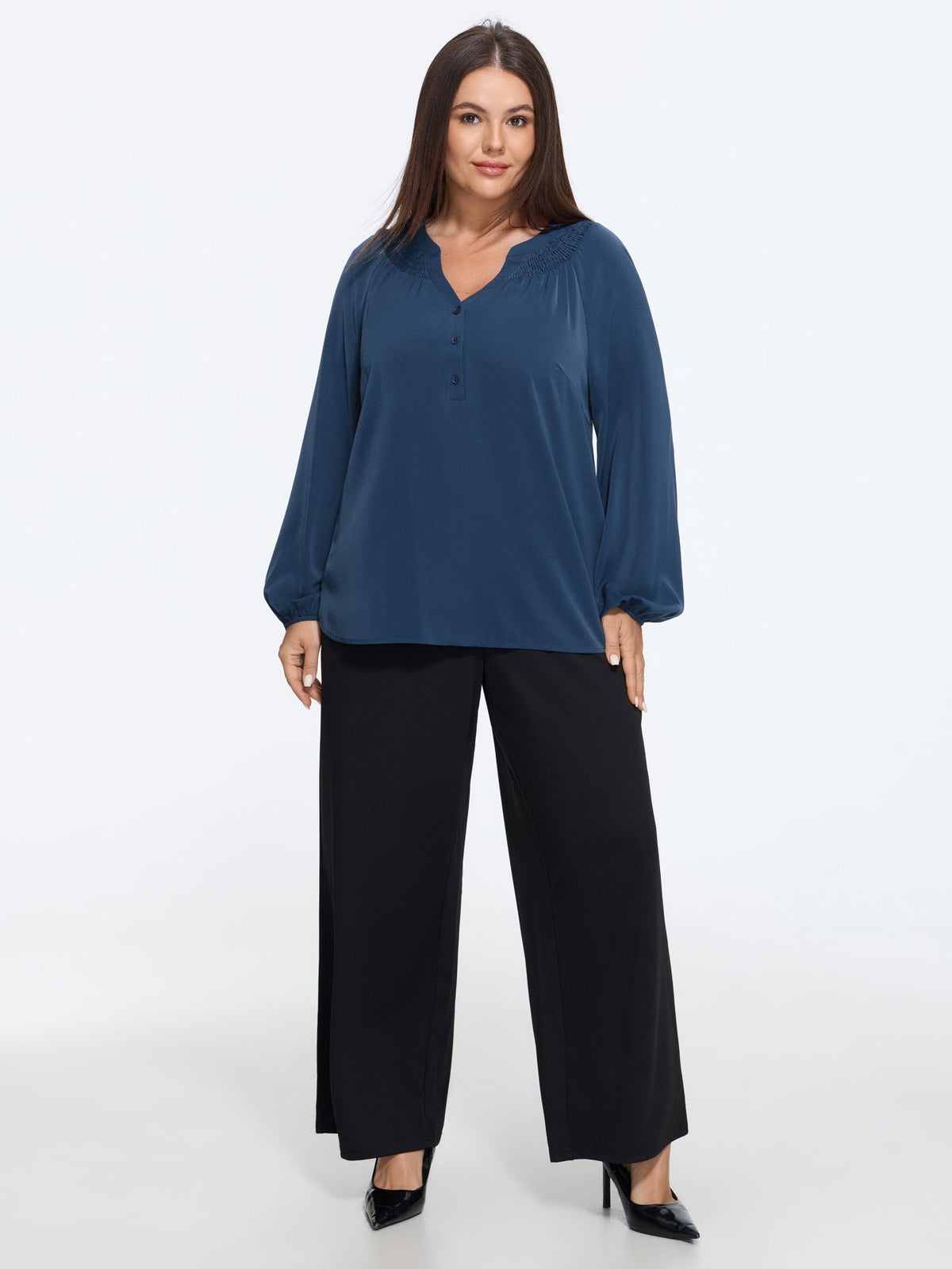 Shirred Neck Button Detail Blouse