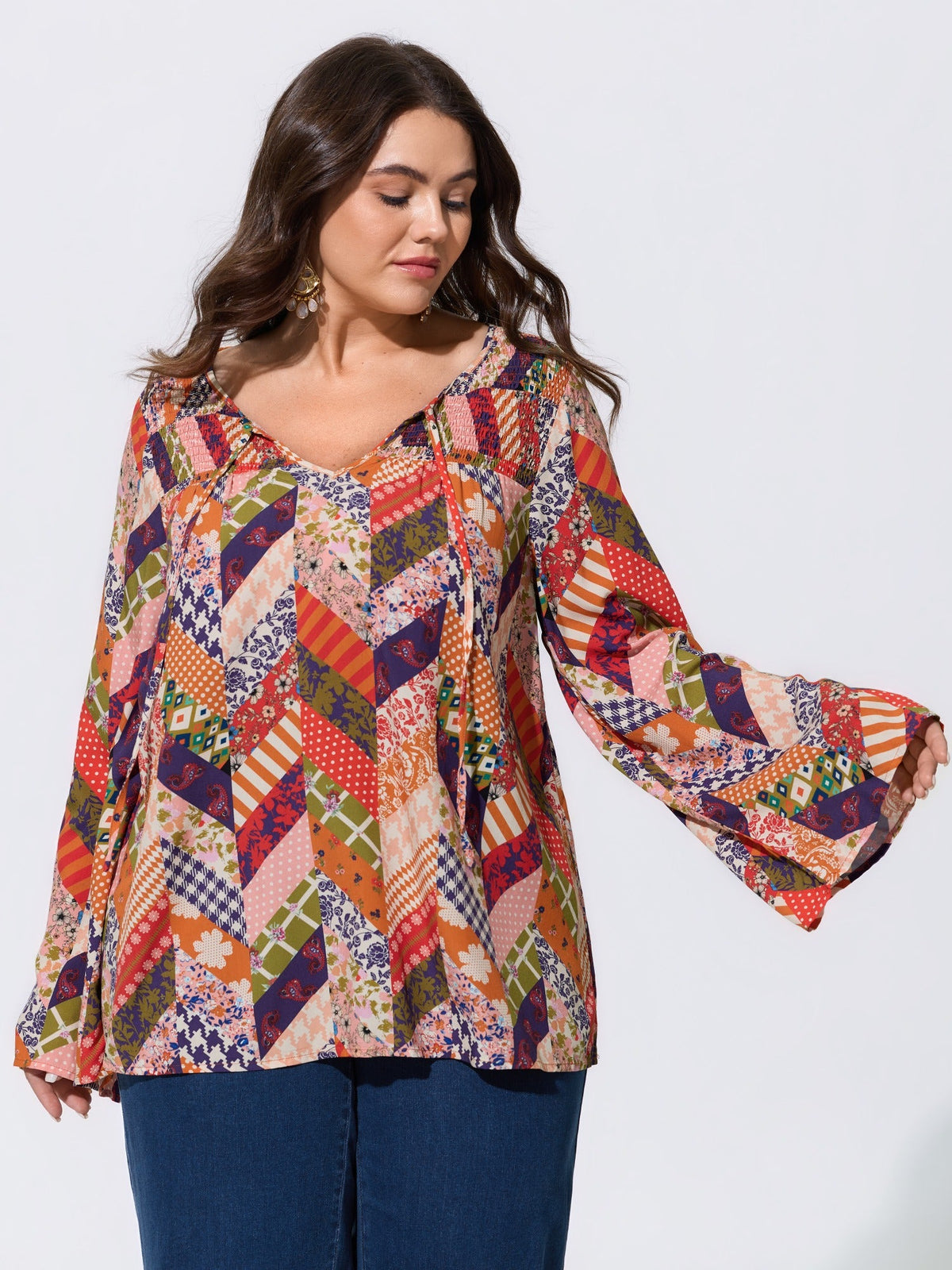 Patchwork Mixed Floral Print Bell Sleeve Blouse