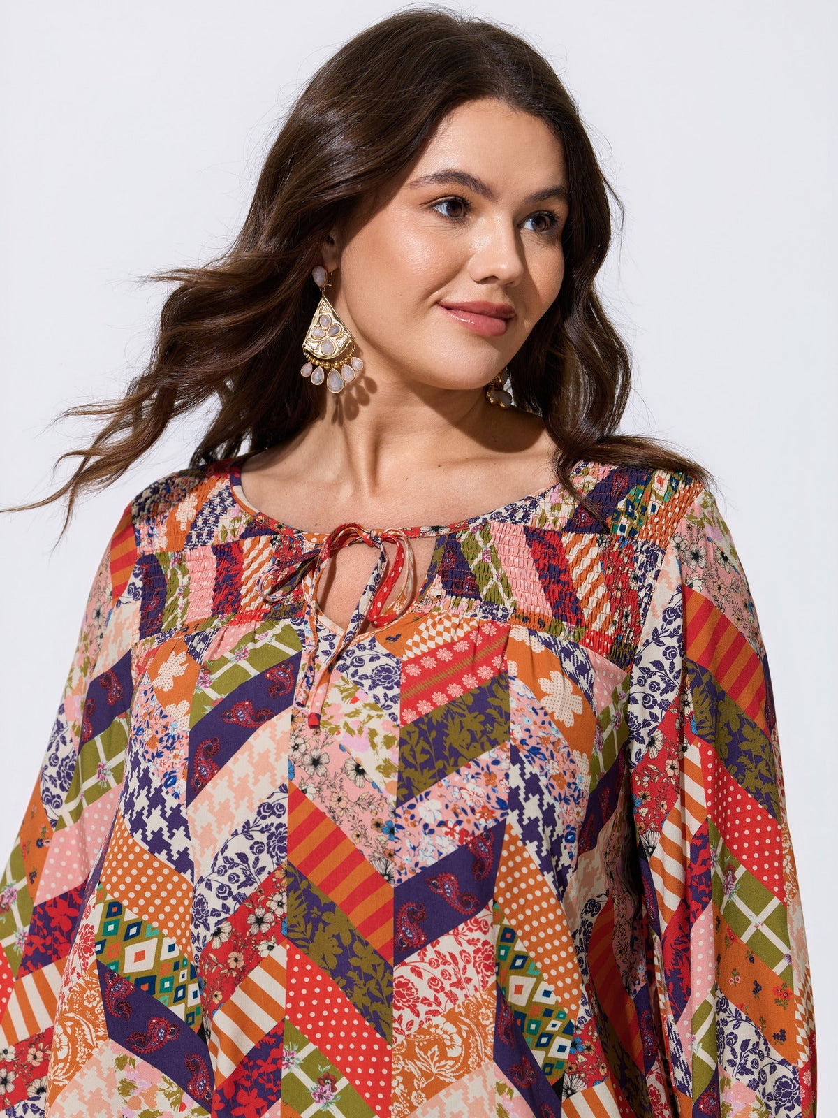 Patchwork Mixed Floral Print Bell Sleeve Blouse