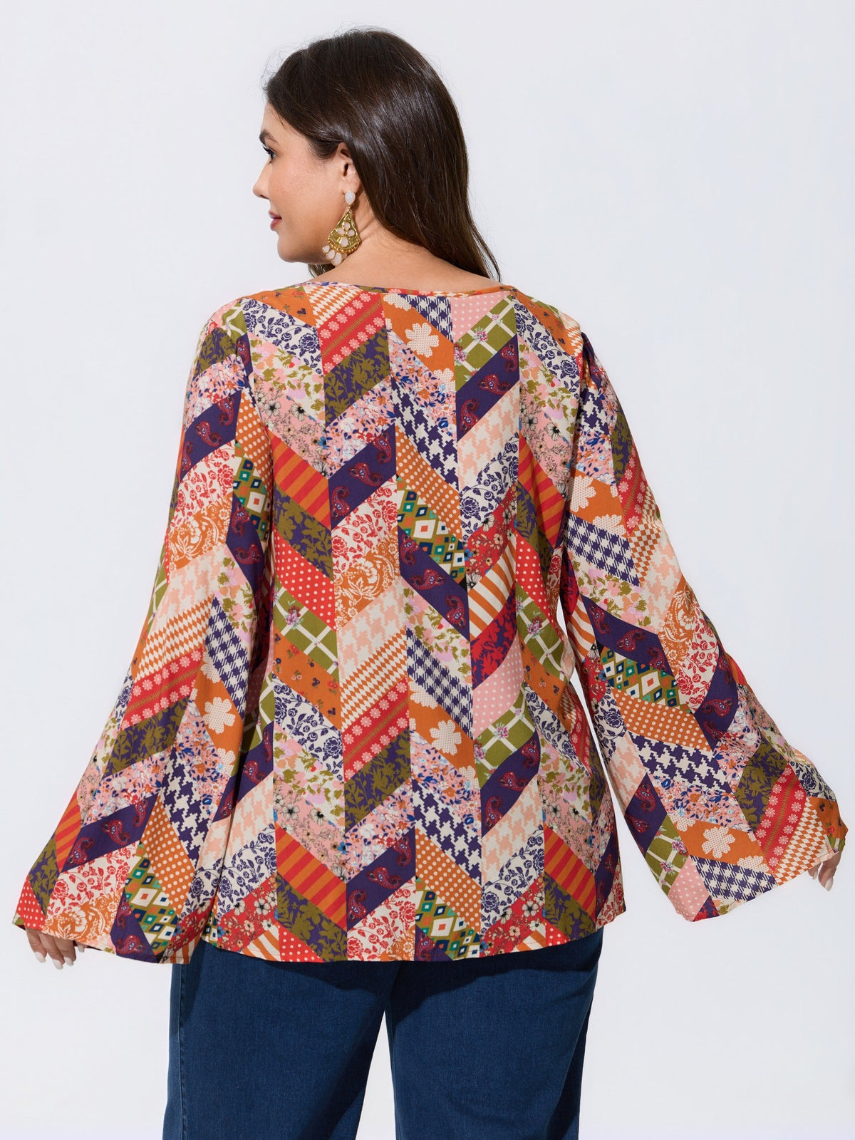Patchwork Mixed Floral Print Bell Sleeve Blouse