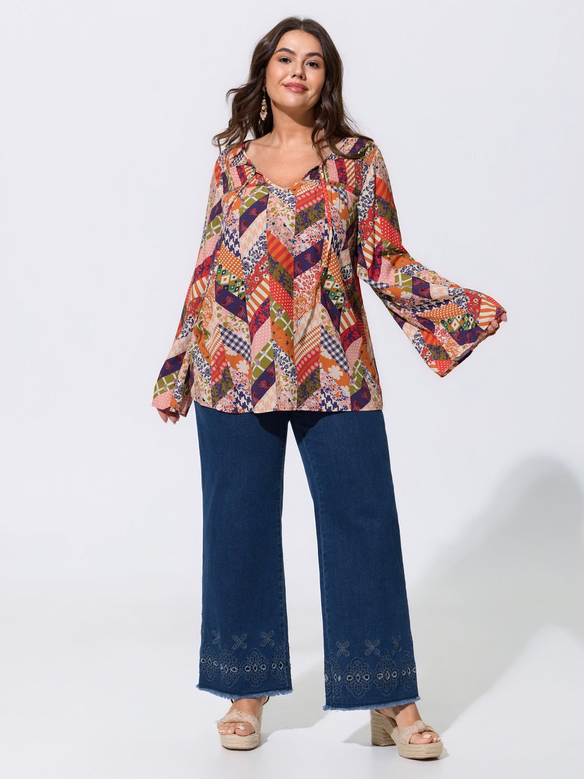 Patchwork Mixed Floral Print Bell Sleeve Blouse