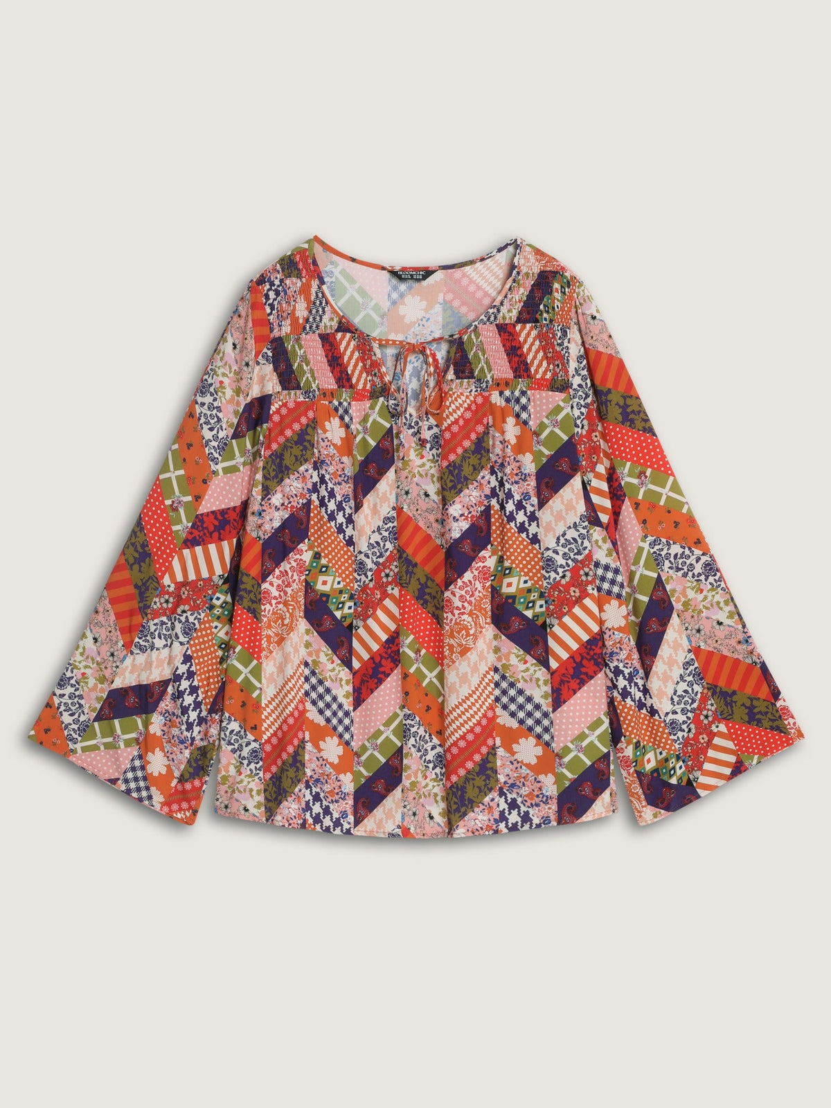 Patchwork Mixed Floral Print Bell Sleeve Blouse