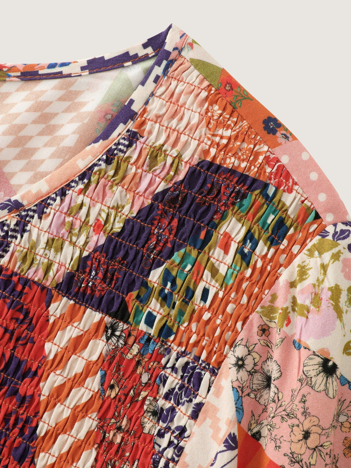 Patchwork Mixed Floral Print Bell Sleeve Blouse