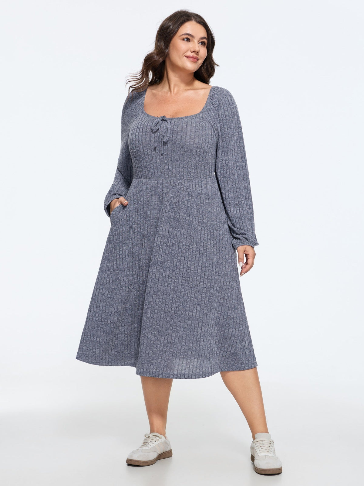 Square Neck Tie Front Ribbed Knit Midi Dress