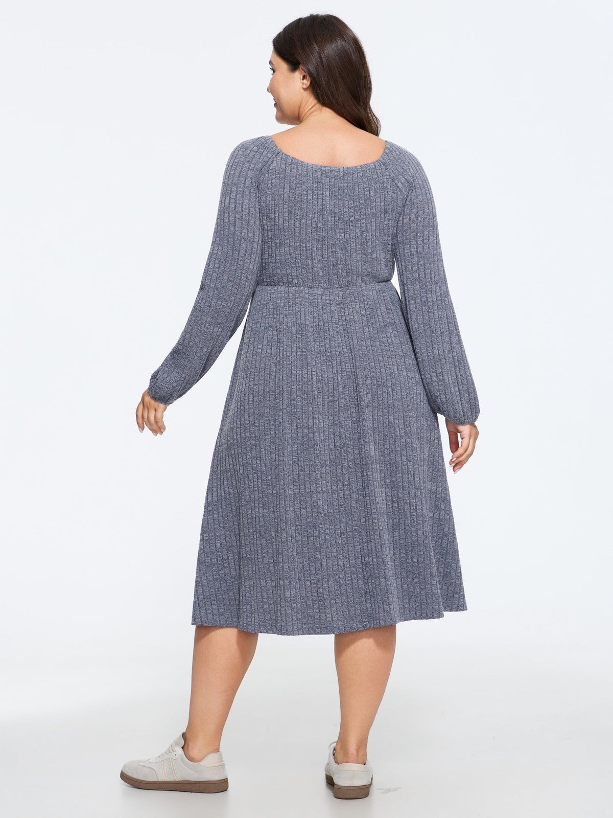 Square Neck Tie Front Ribbed Knit Midi Dress