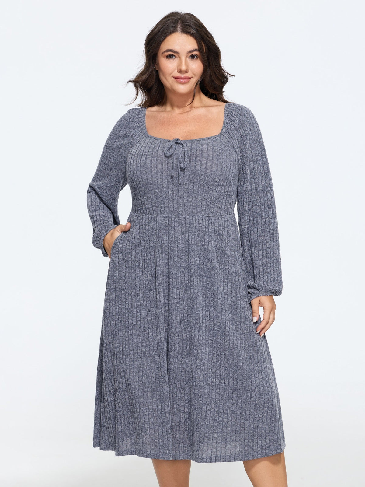 Square Neck Tie Front Ribbed Knit Midi Dress