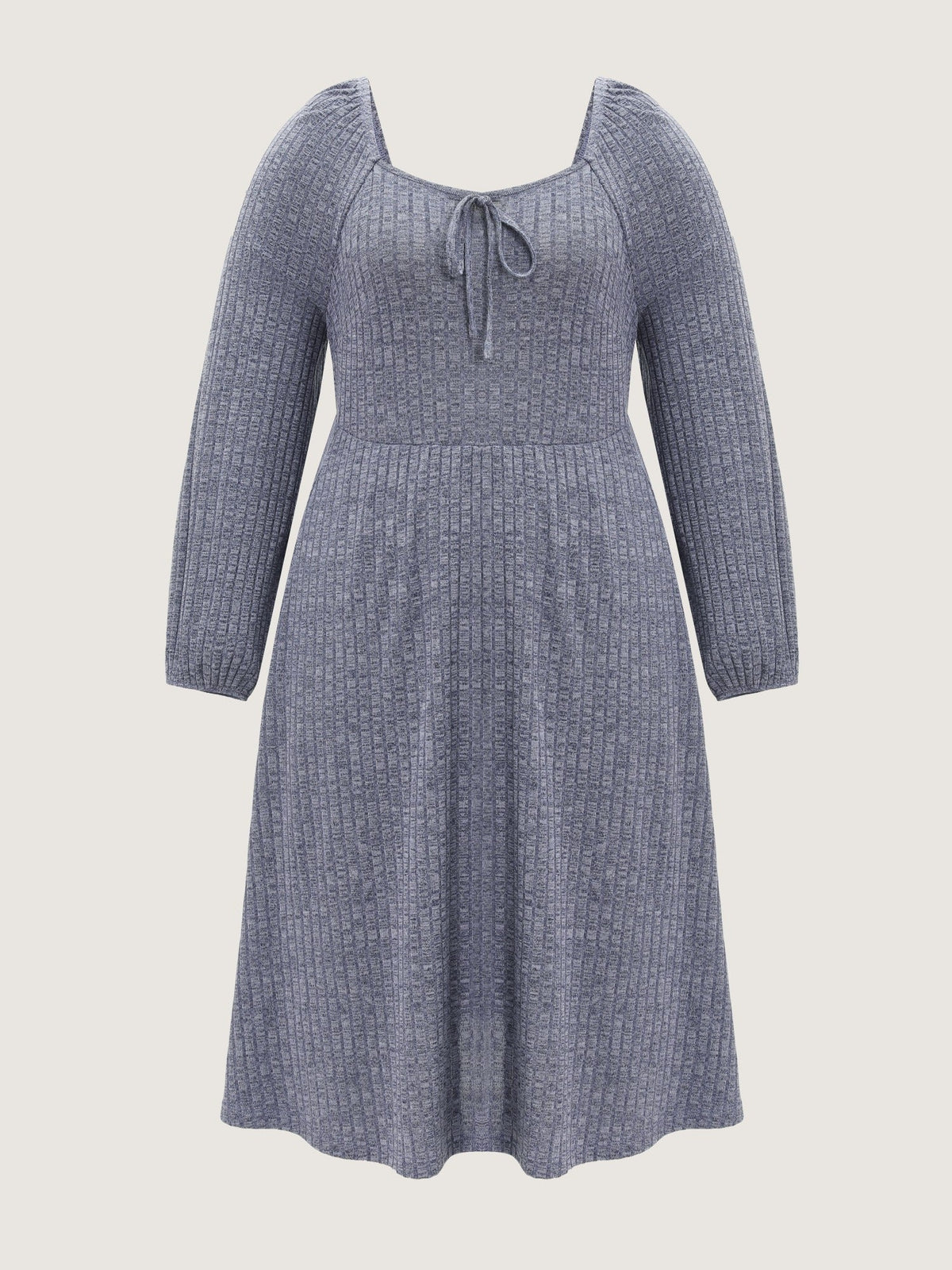 Square Neck Tie Front Ribbed Knit Midi Dress