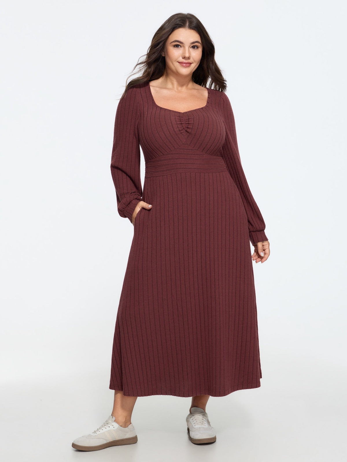 Stretch Ribbed Puff Sleeve Midi Dress