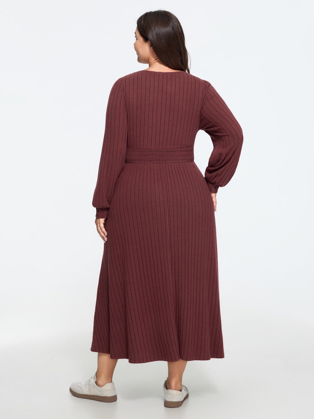 Stretch Ribbed Puff Sleeve Midi Dress