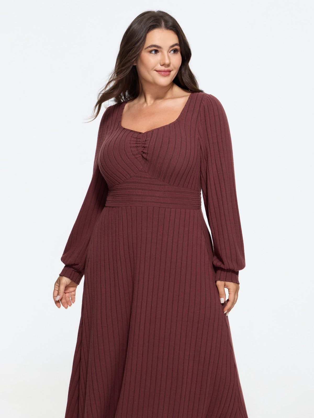 Stretch Ribbed Puff Sleeve Midi Dress