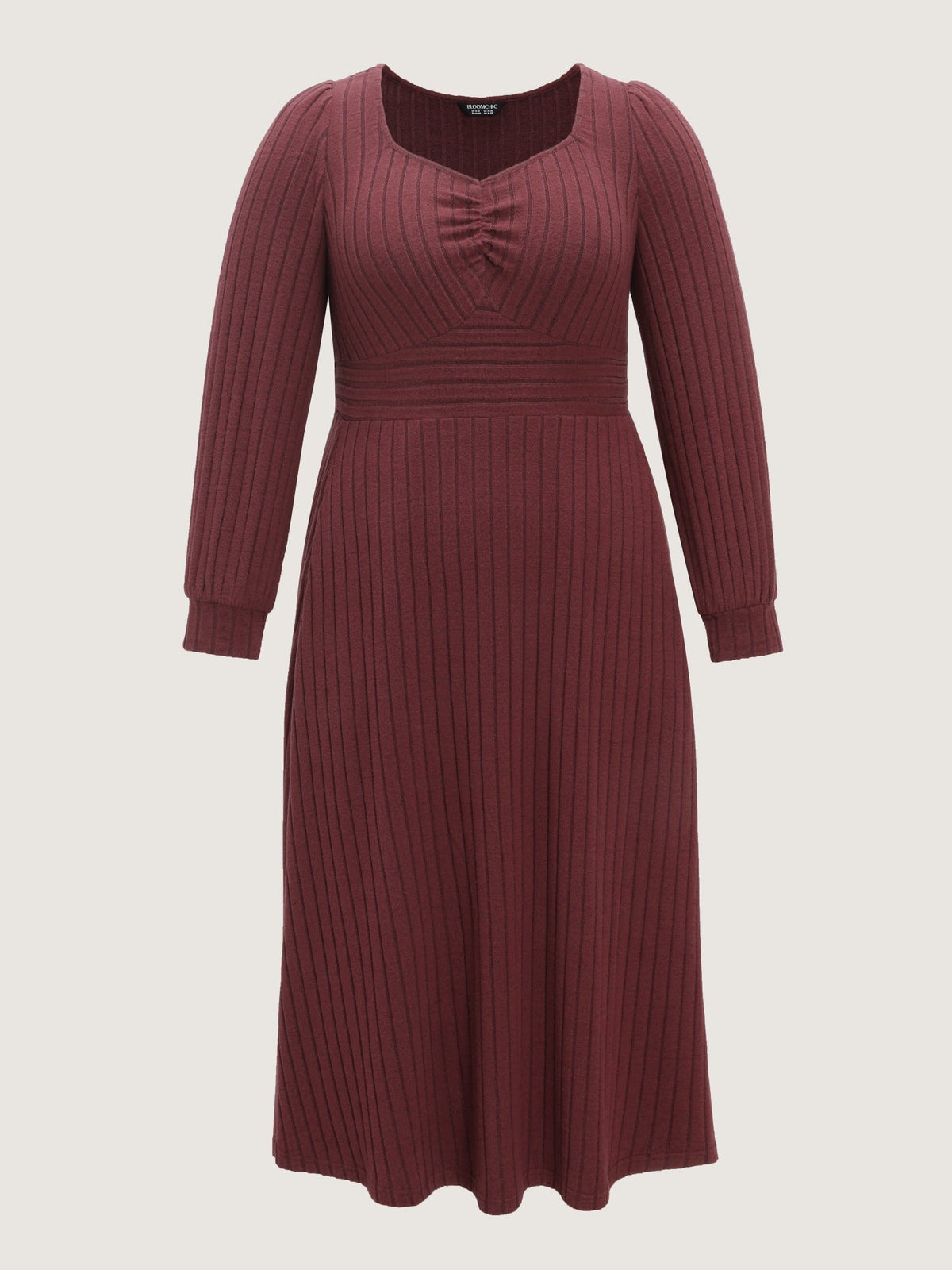 Stretch Ribbed Puff Sleeve Midi Dress