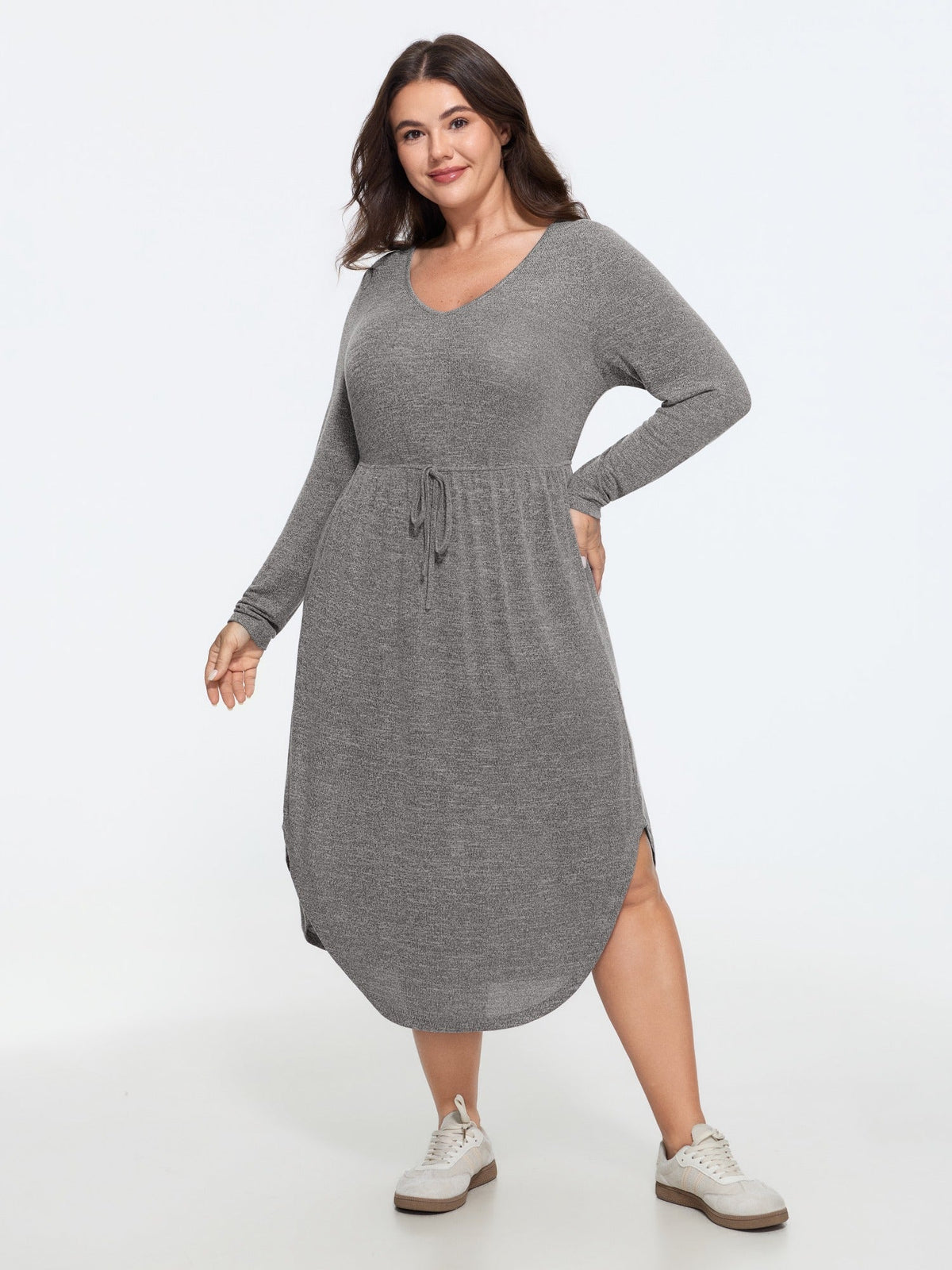 Supersoft Drawstring Waist Curved Hem Midi Dress