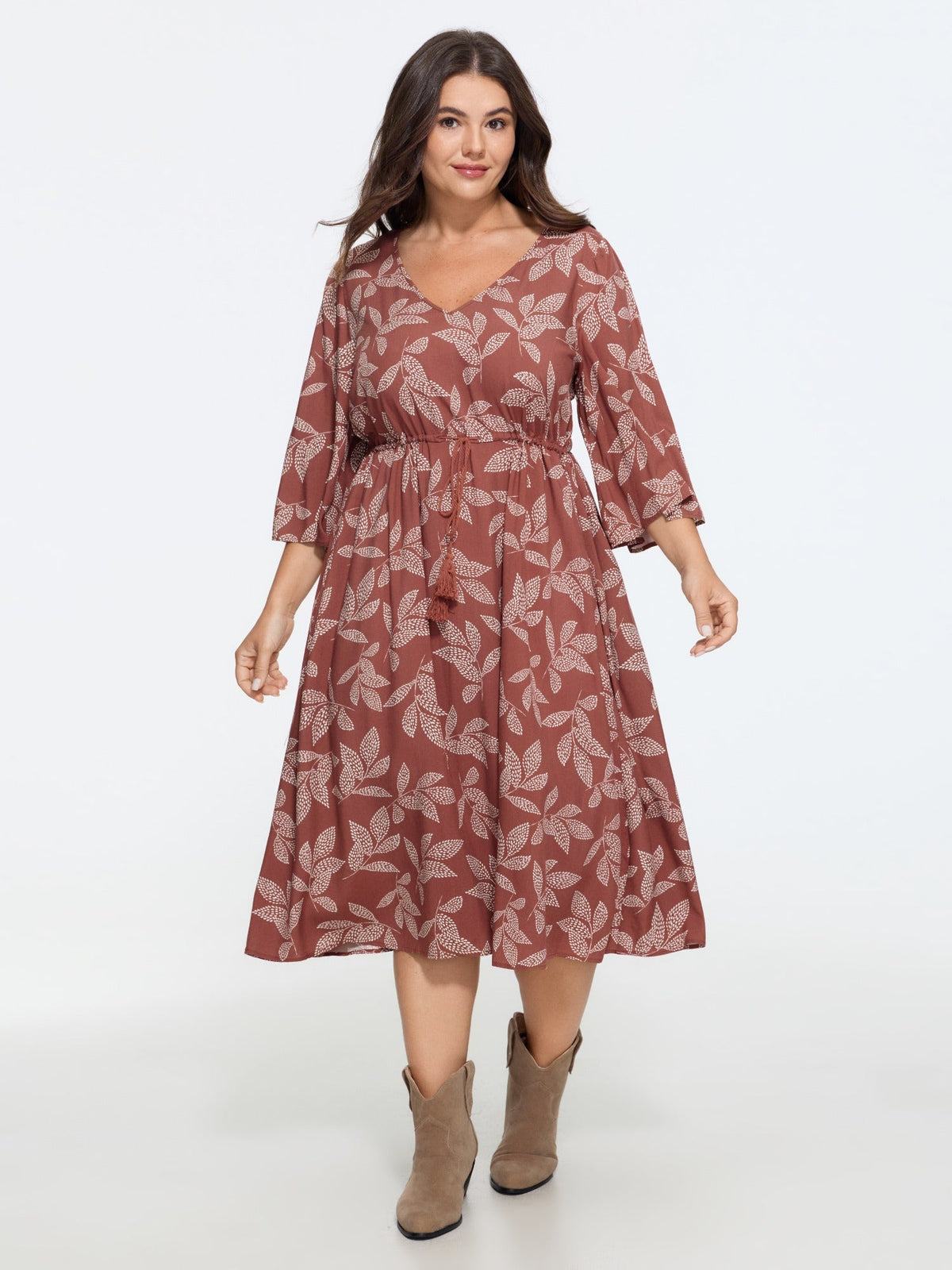 Supersoft Leaf Print Drawstring Waist Midi Dress
