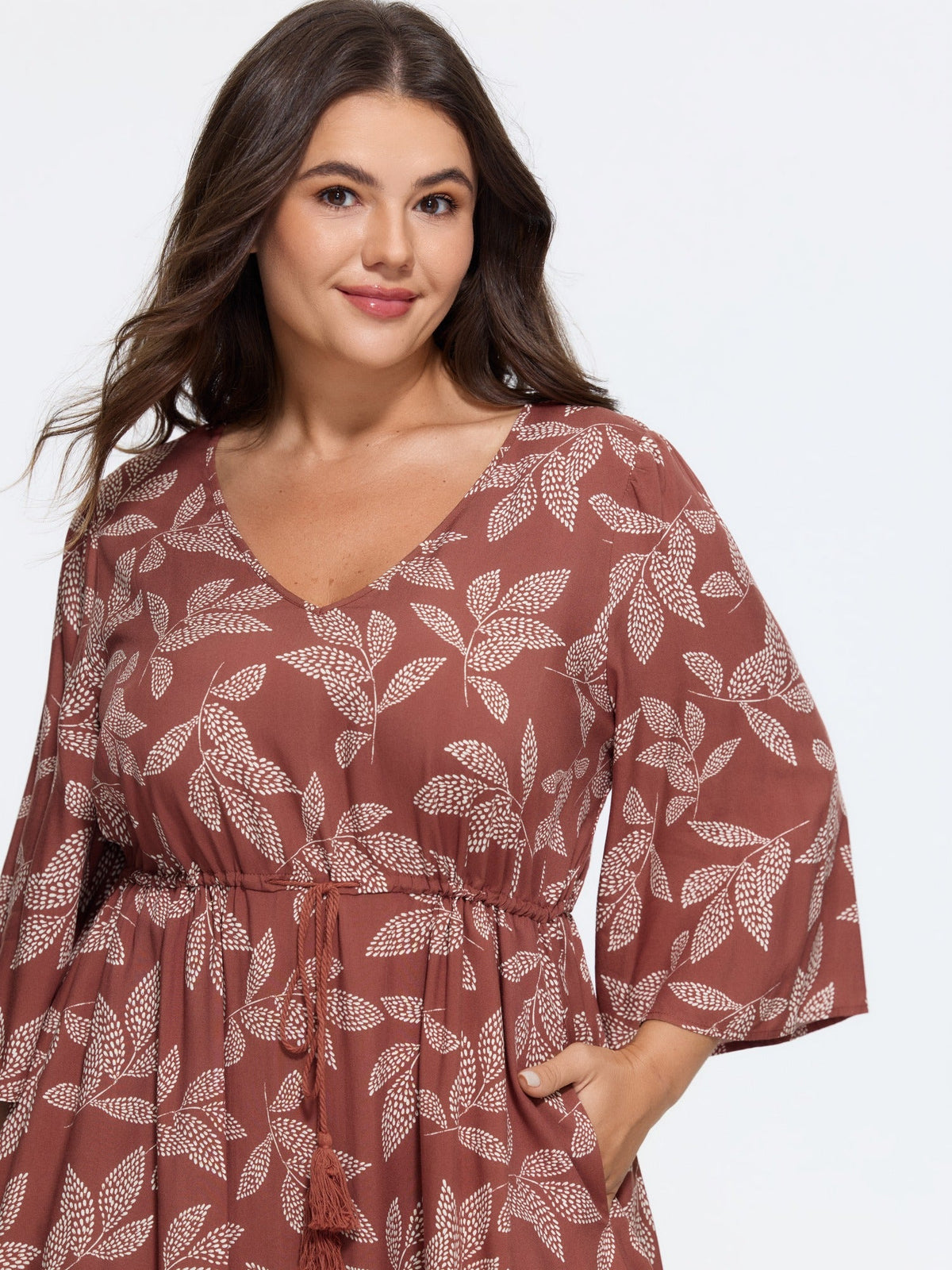 Supersoft Leaf Print Drawstring Waist Midi Dress