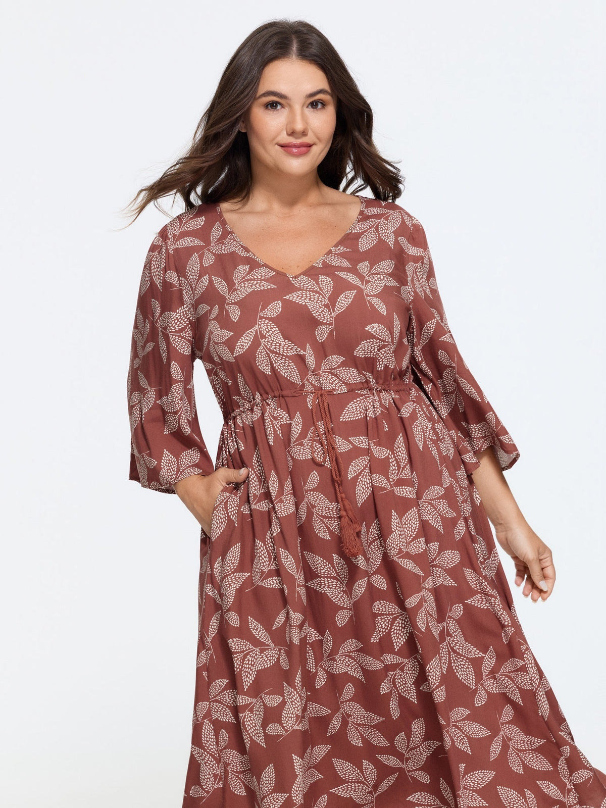 Supersoft Leaf Print Drawstring Waist Midi Dress