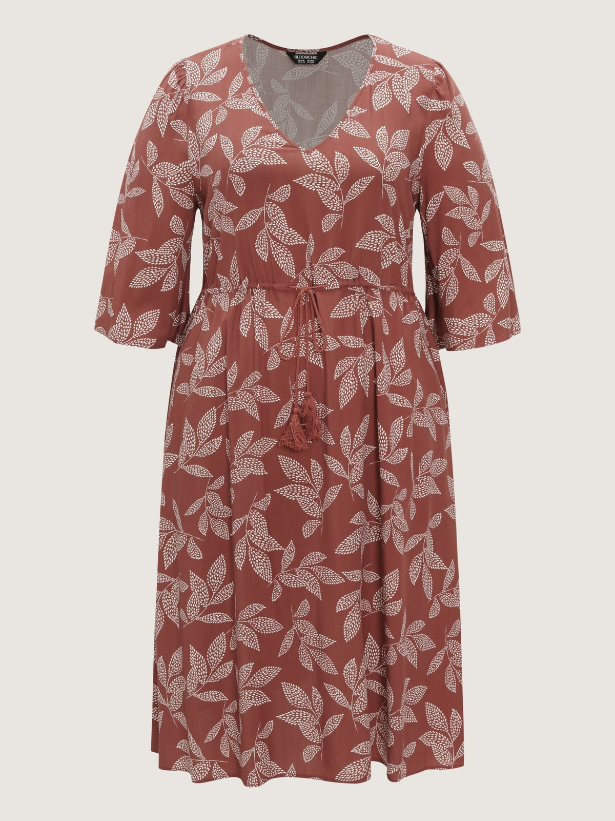 Supersoft Leaf Print Drawstring Waist Midi Dress