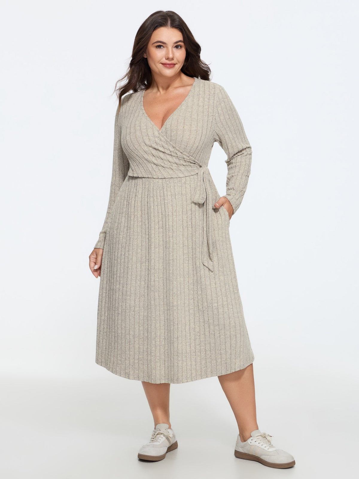 Ribbed Wrap Side Tie Midi Dress