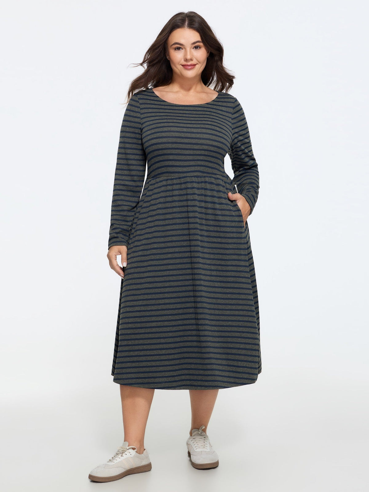 Stretchy Round Neck Striped Midi Dress