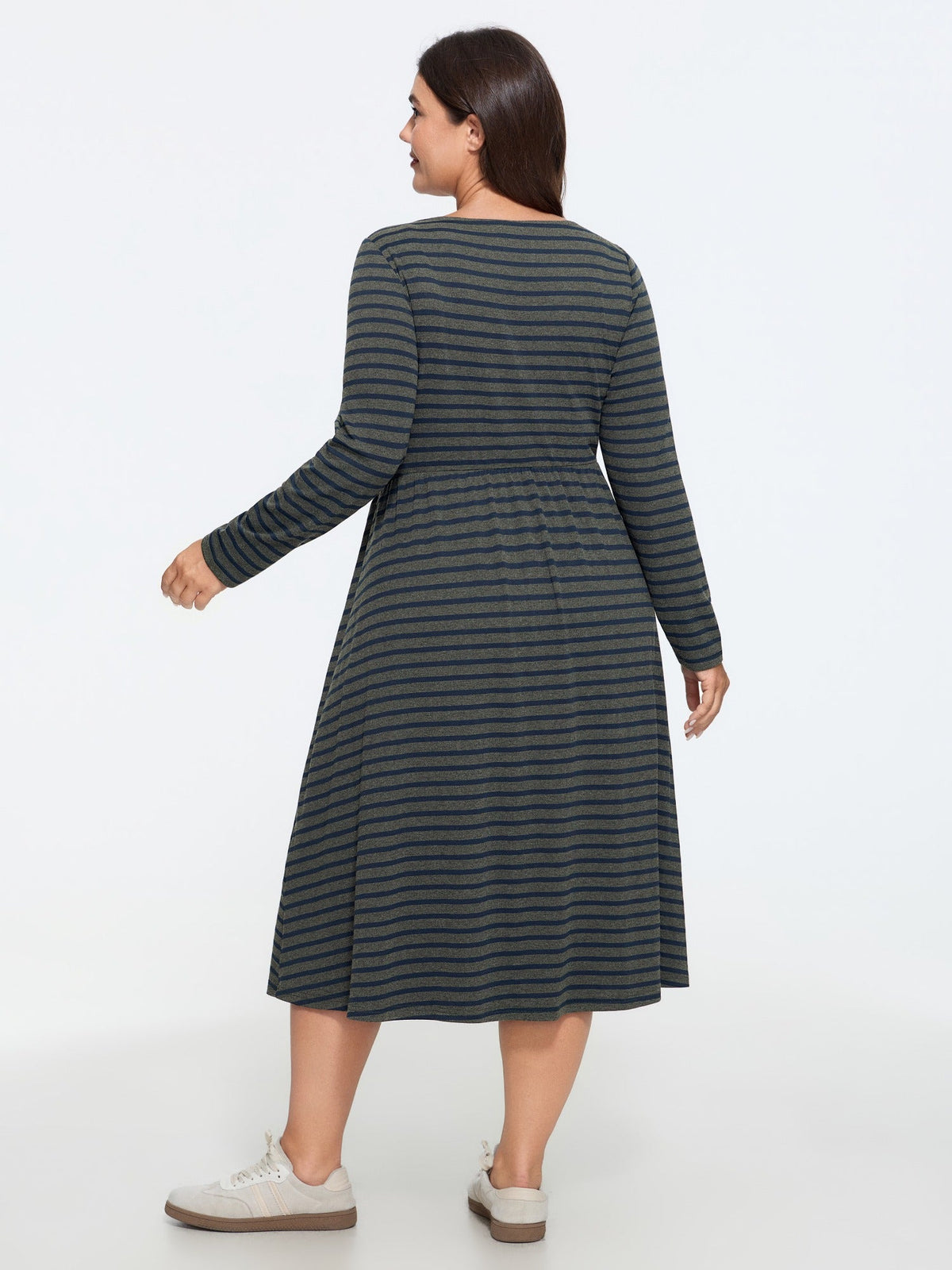Stretchy Round Neck Striped Midi Dress