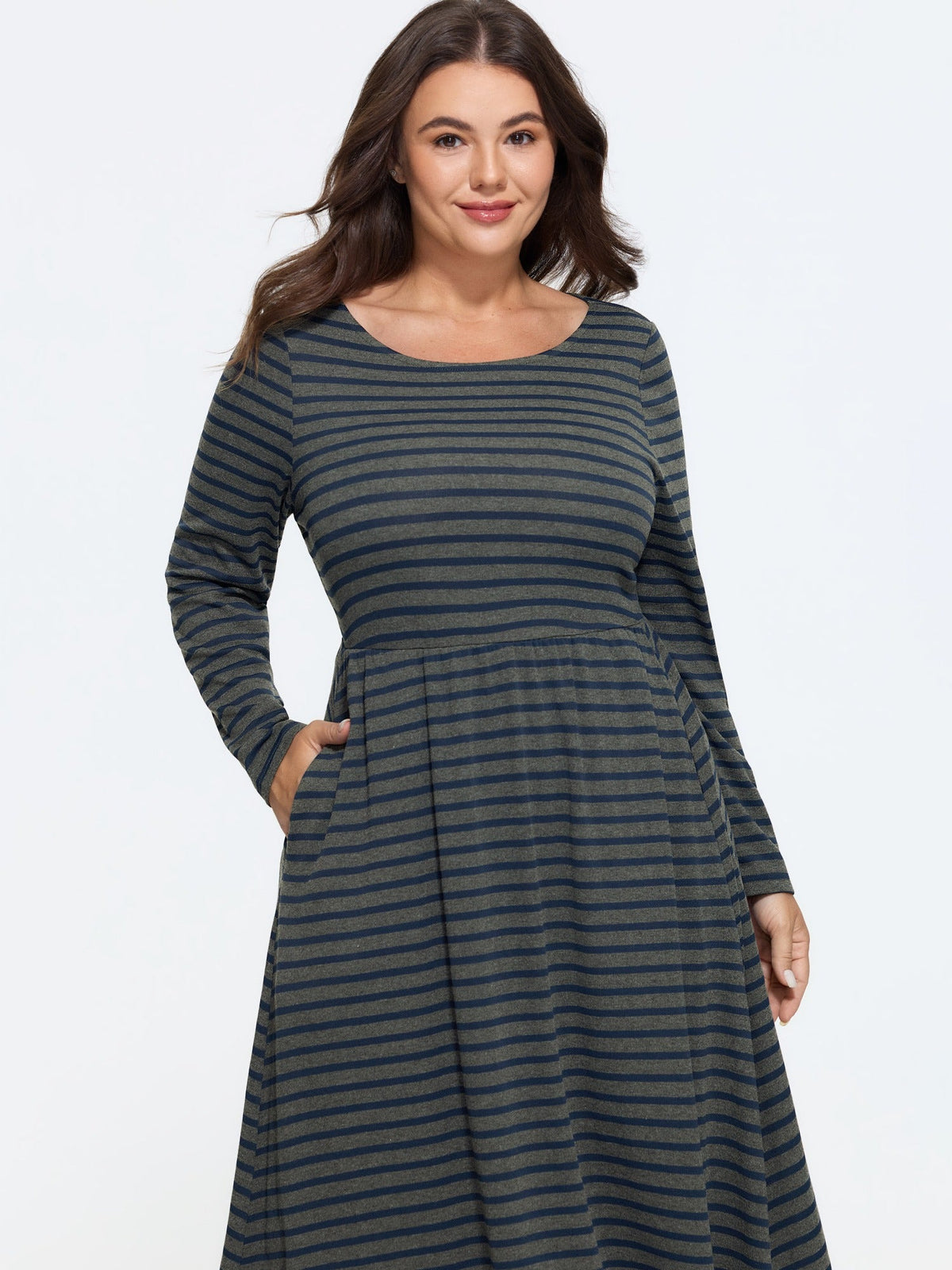 Stretchy Round Neck Striped Midi Dress