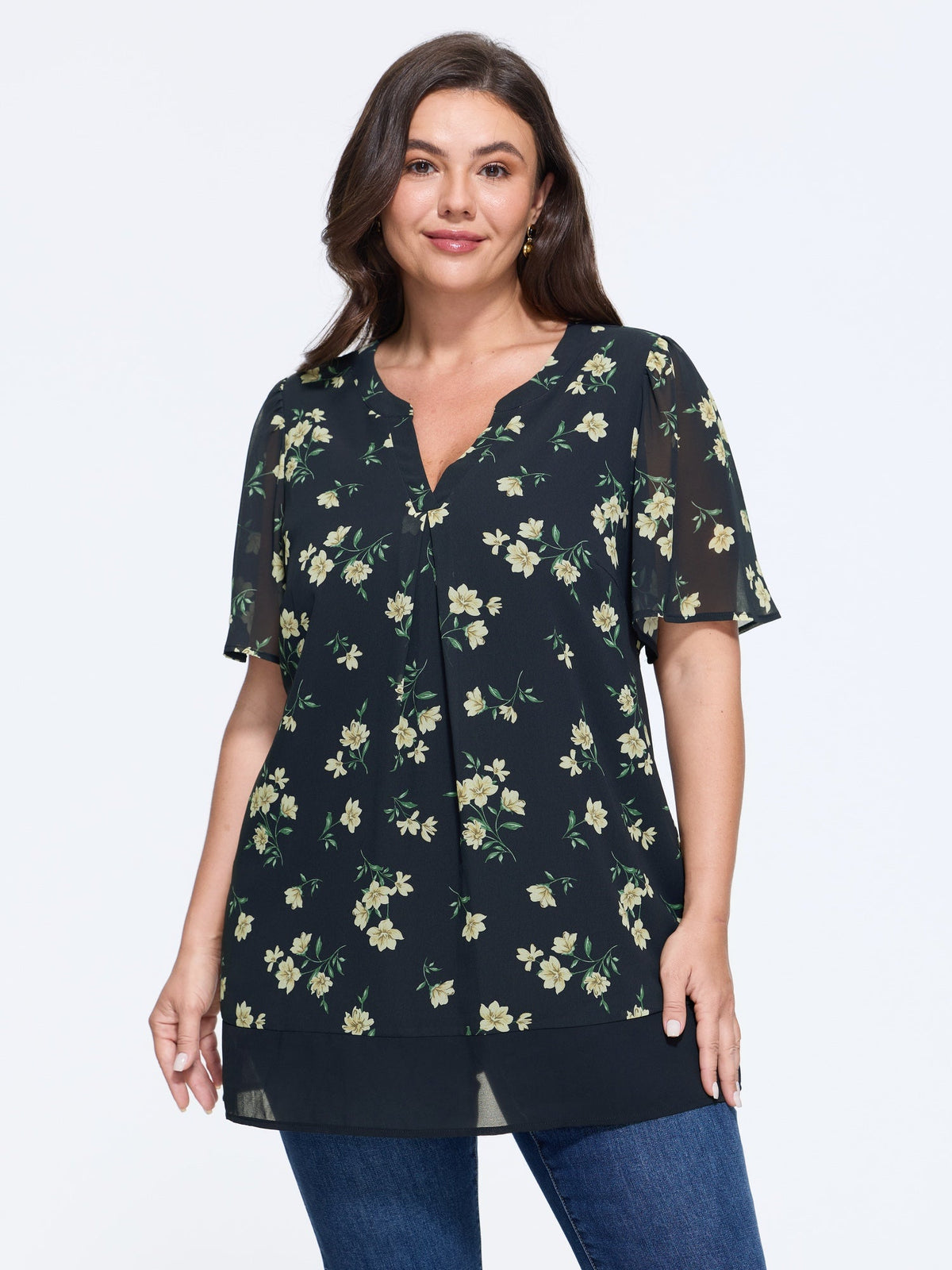 Floral Print V Neck Chiffon Blouse