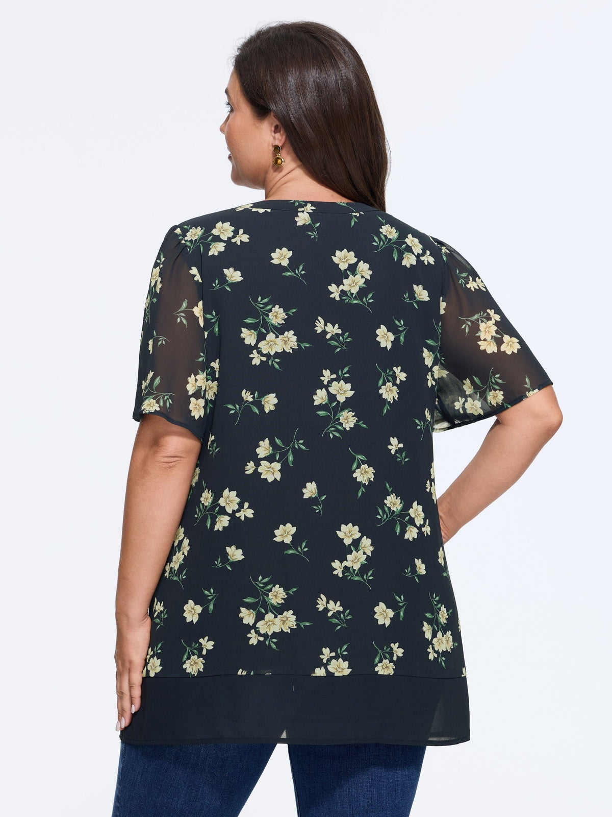 Floral Print V Neck Chiffon Blouse