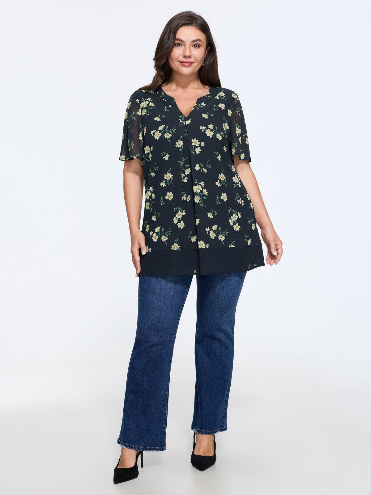 Floral Print V Neck Chiffon Blouse