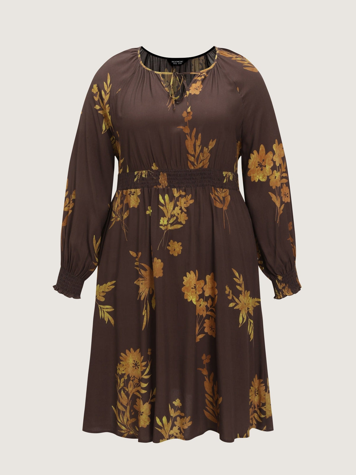 Supersoft Floral Print Tie Neck Shirred Waist Midi Dress