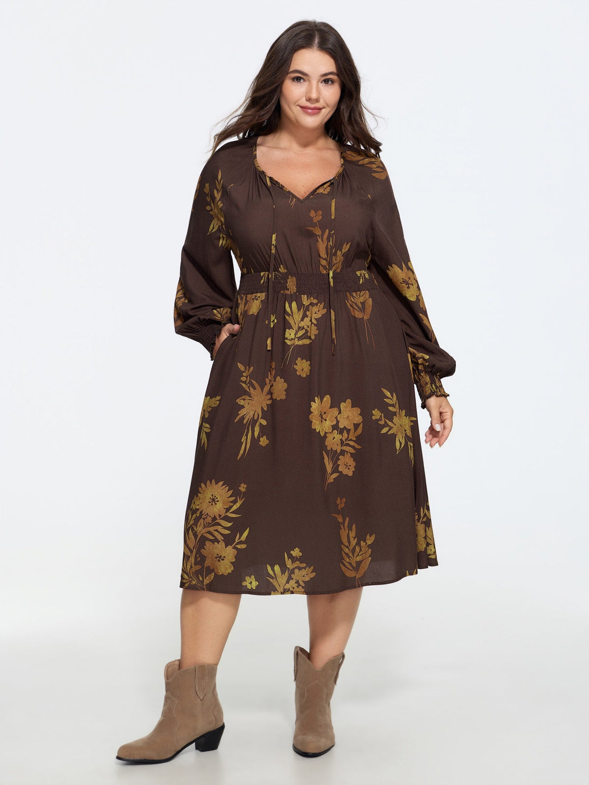 Supersoft Floral Print Tie Neck Shirred Waist Midi Dress