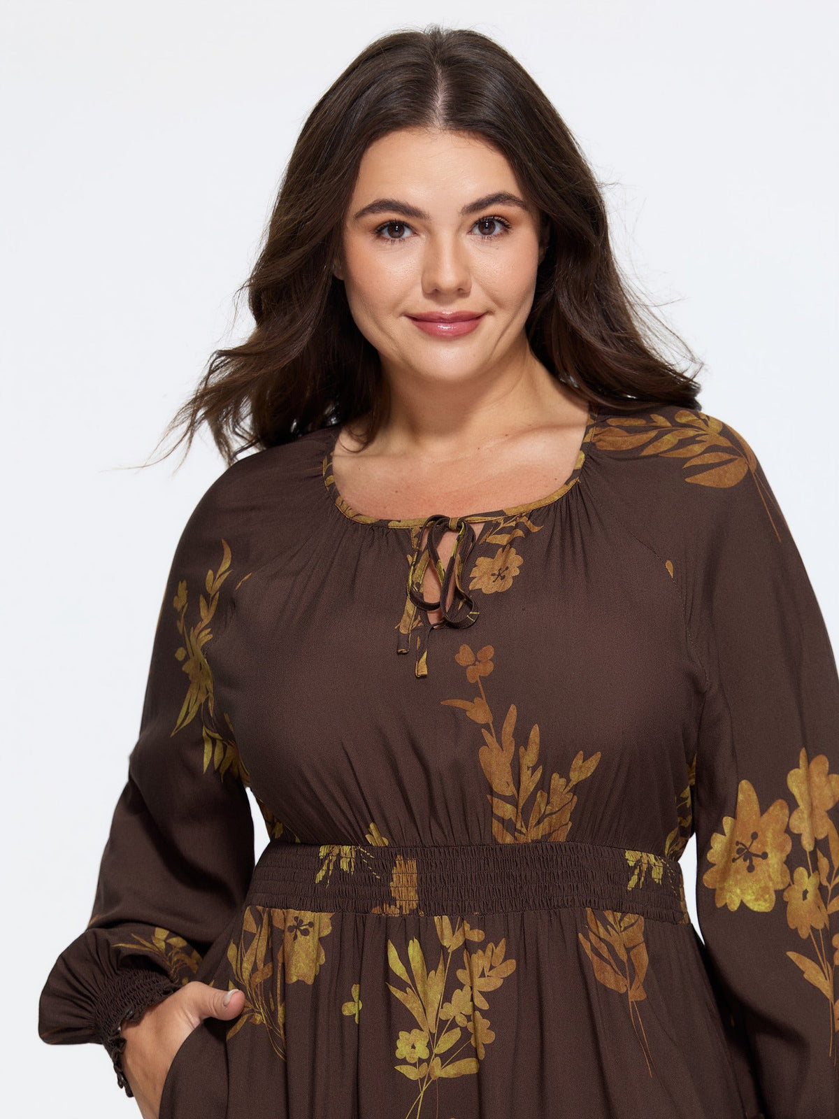 Supersoft Floral Print Tie Neck Shirred Waist Midi Dress