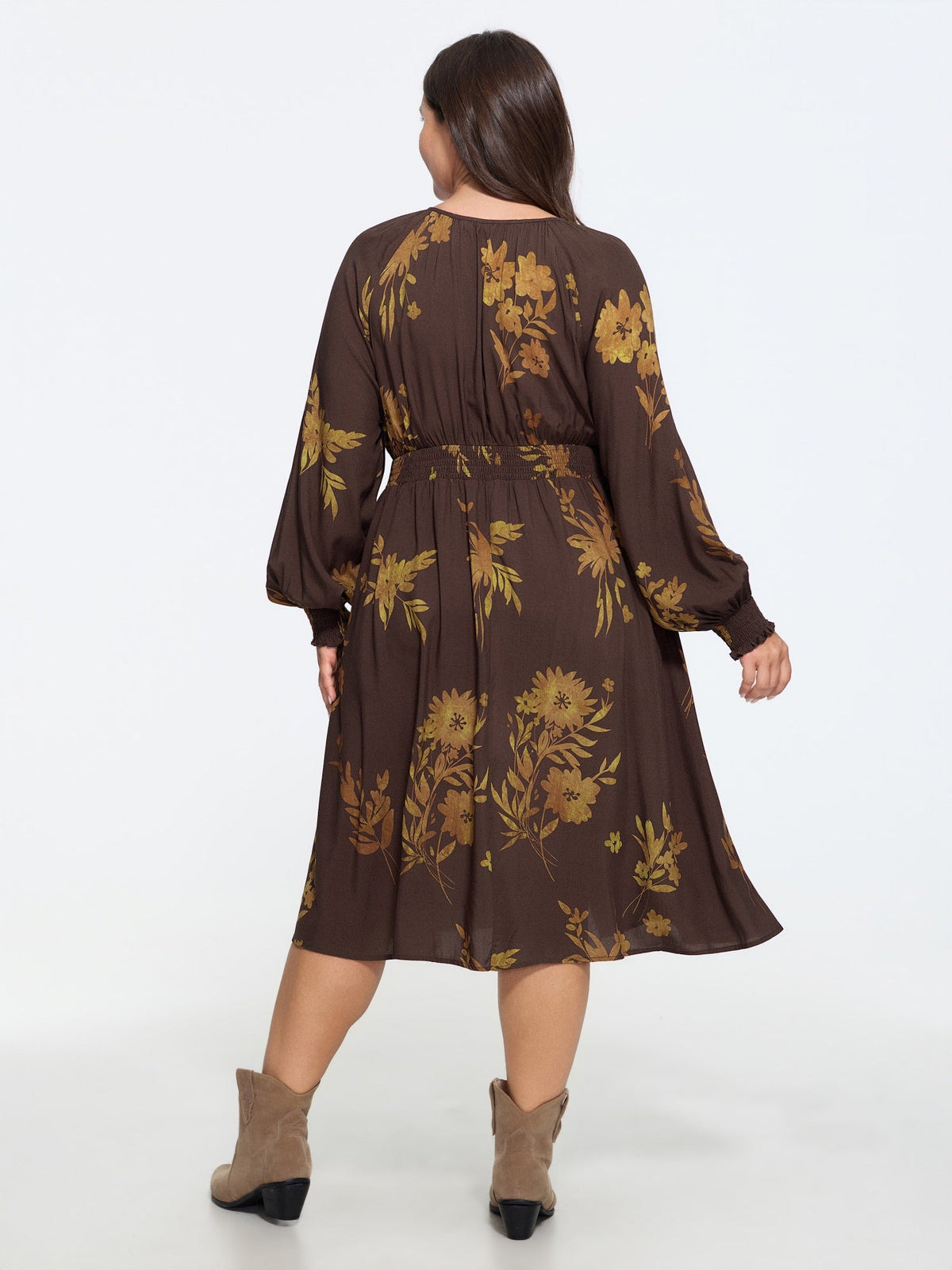 Supersoft Floral Print Tie Neck Shirred Waist Midi Dress