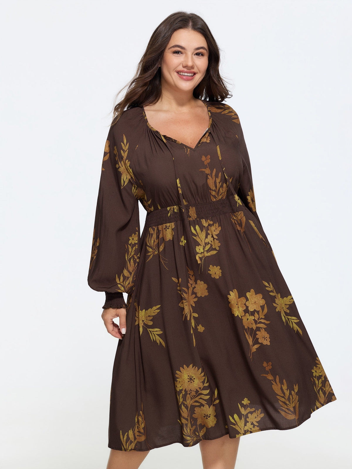 Supersoft Floral Print Tie Neck Shirred Waist Midi Dress