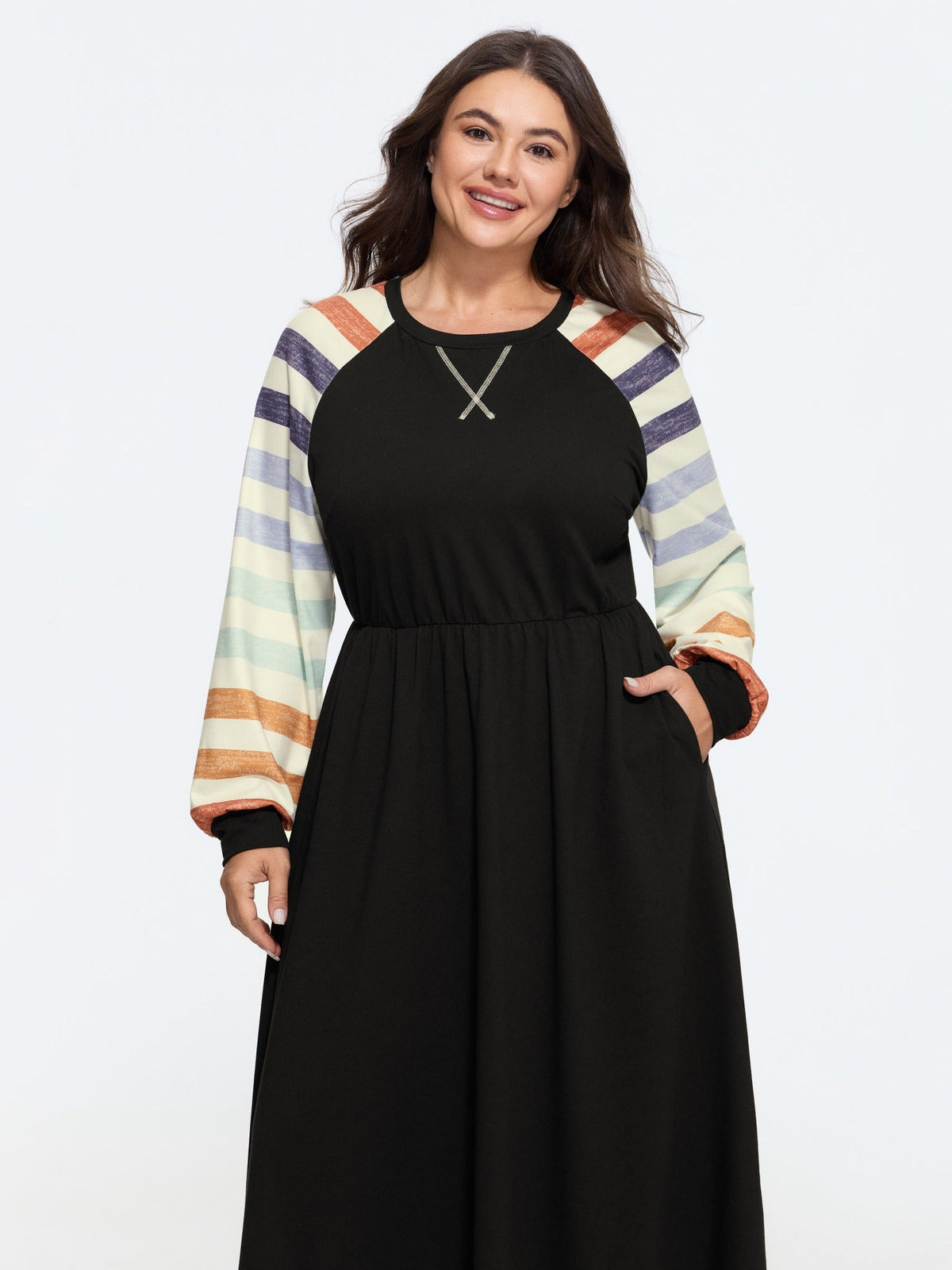 Supersoft Color Block Stripe Raglan Sleeve Midi Dress