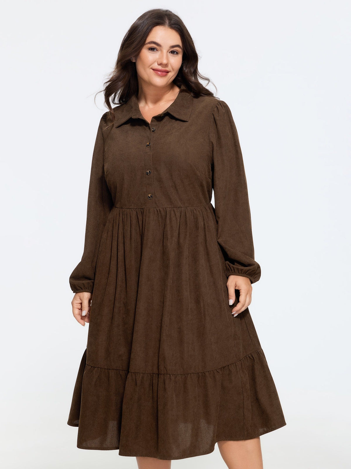 Corduroy Half Button Tiered Midi Dress