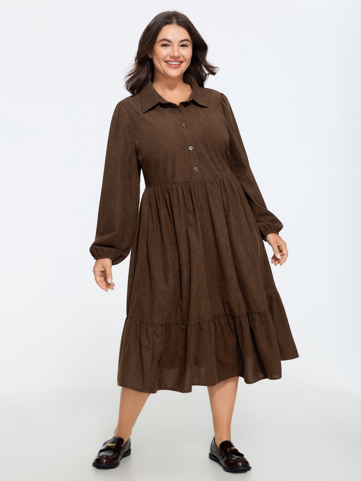 Corduroy Half Button Tiered Midi Dress