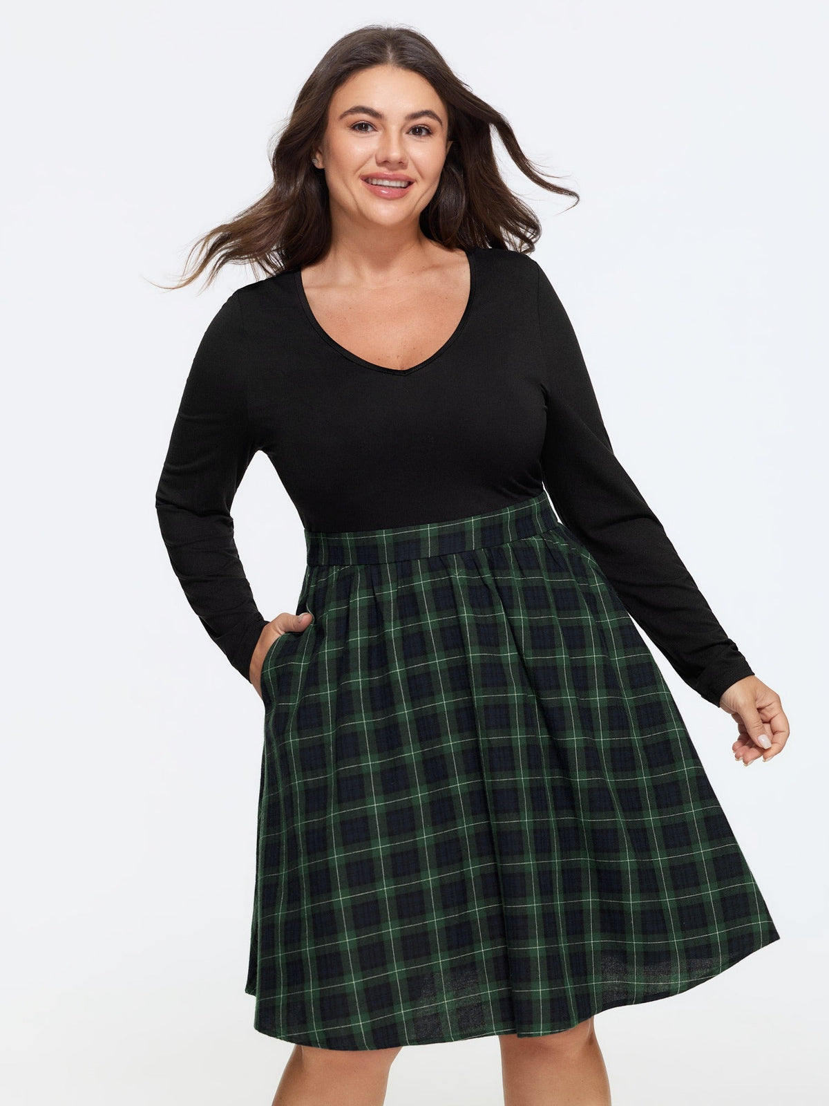 Cotton Plaid Patchwork V Neck Pocket Mini Dress
