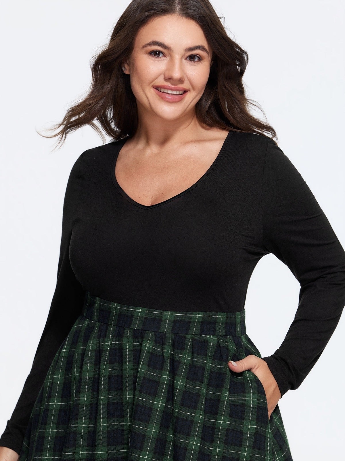 Cotton Plaid Patchwork V Neck Pocket Mini Dress