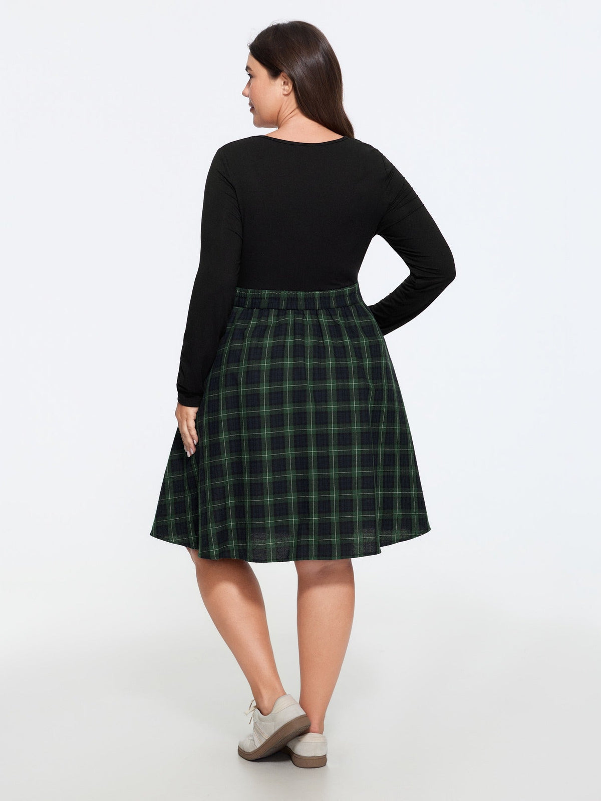 Cotton Plaid Patchwork V Neck Pocket Mini Dress