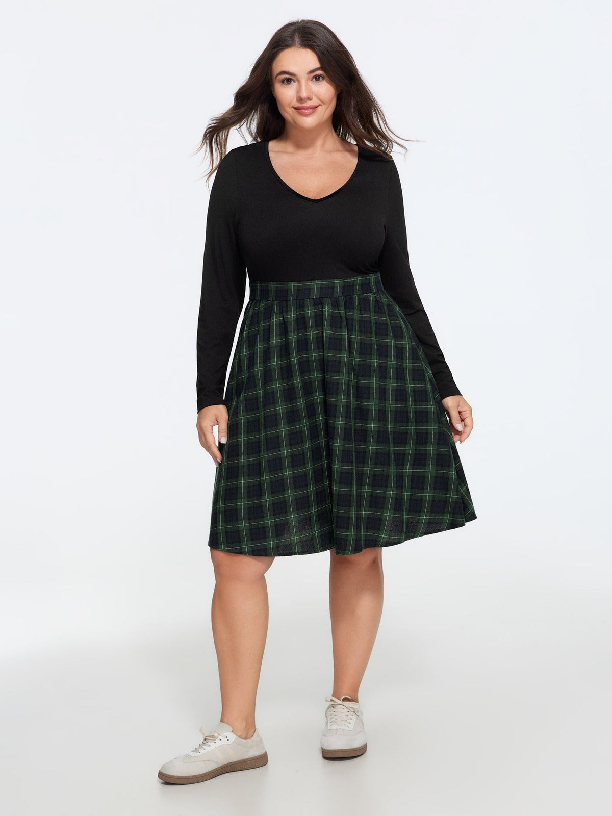 Cotton Plaid Patchwork V Neck Pocket Mini Dress