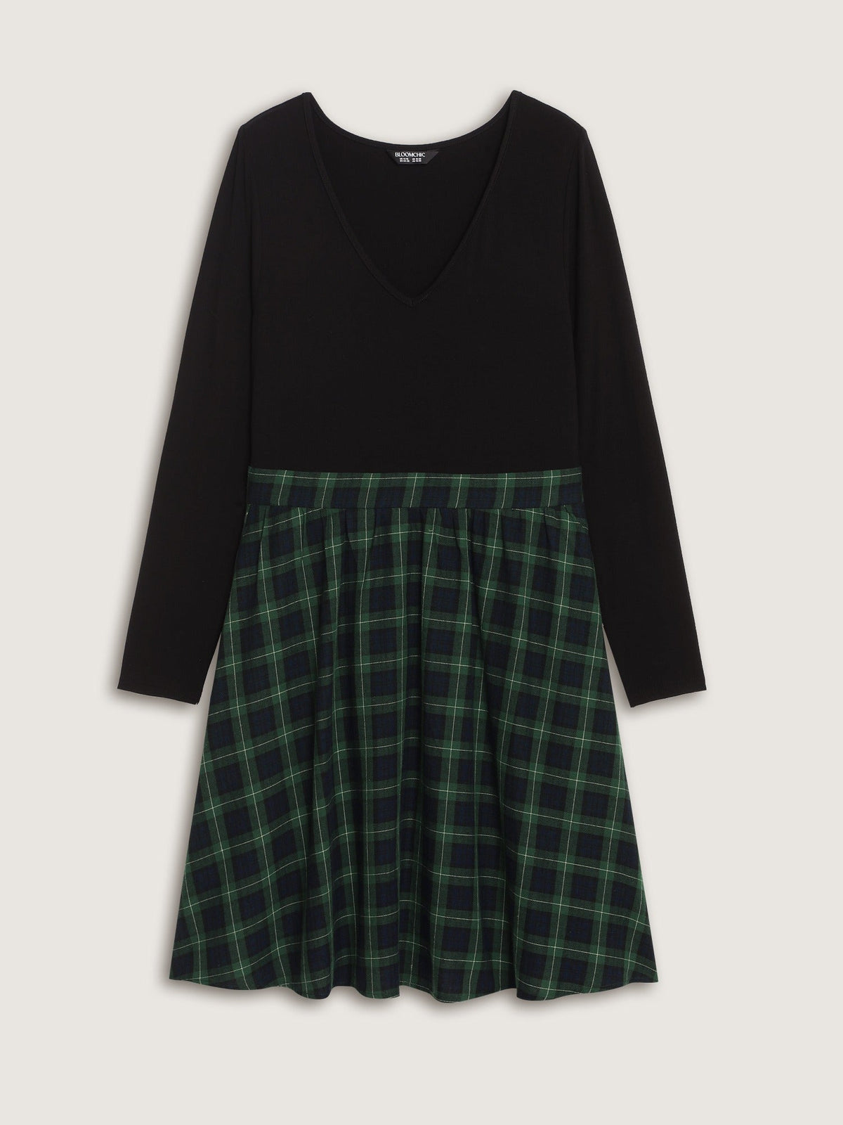 Cotton Plaid Patchwork V Neck Pocket Mini Dress