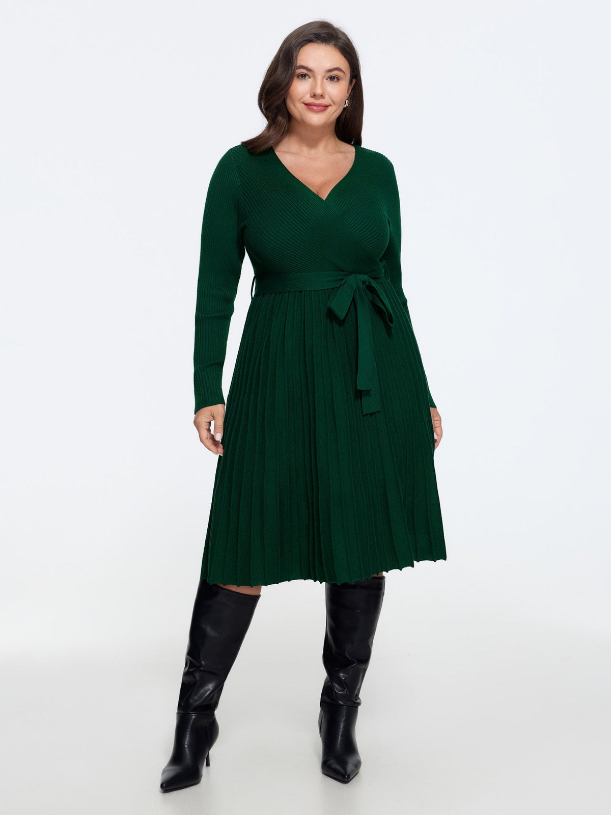 Pleated Tie Waist Sweater Dress