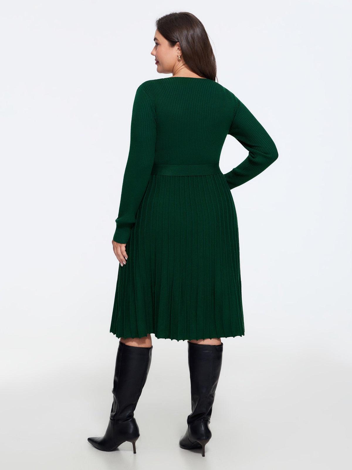 Pleated Tie Waist Sweater Dress