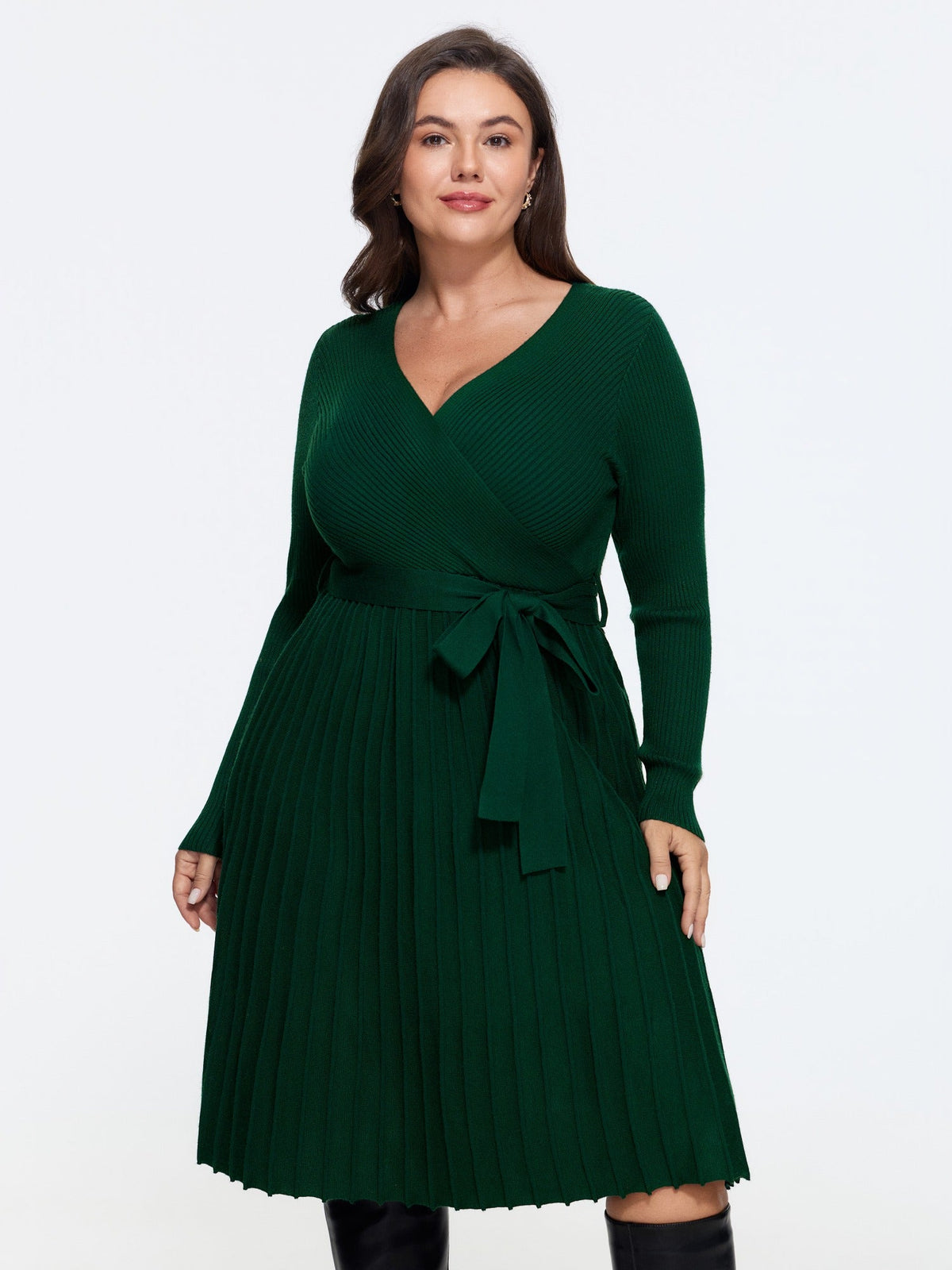 Pleated Tie Waist Sweater Dress