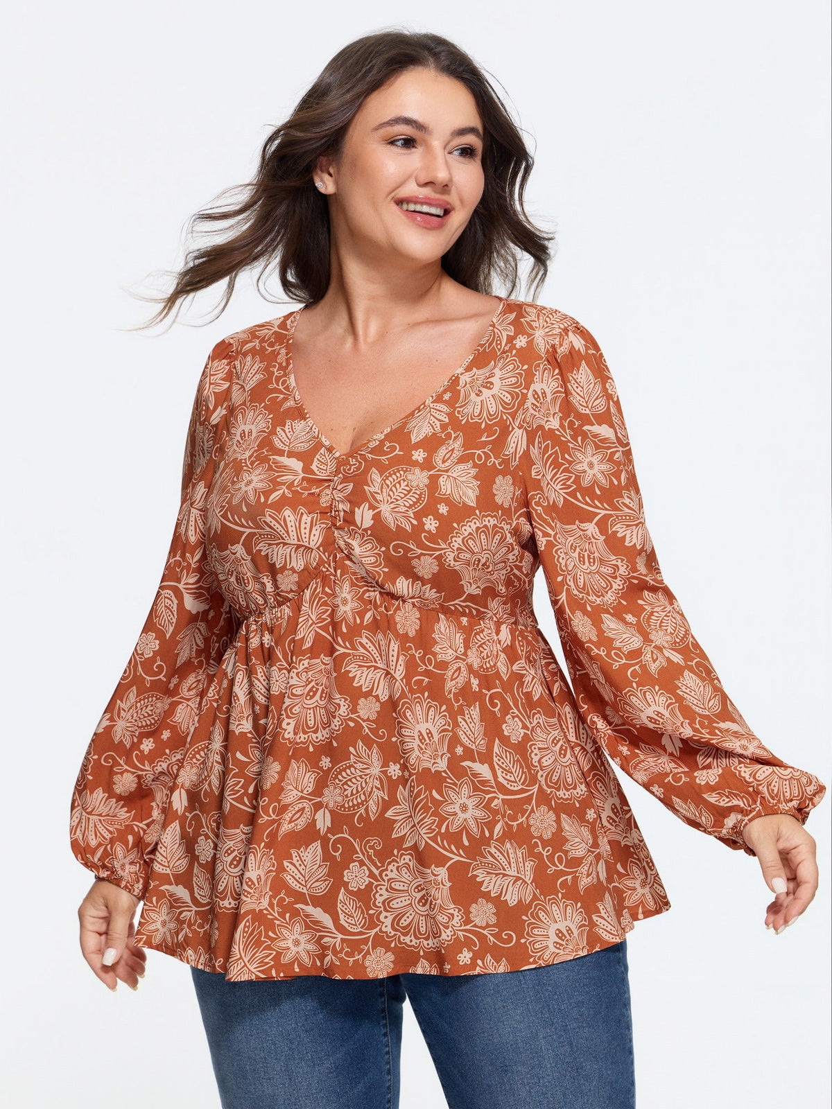 Supersoft Floral Print V Neck Ruched Blouse